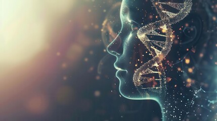 Double exposure of a human head and DNA helix, Biotech advancements, Fusion of genetics and mental health