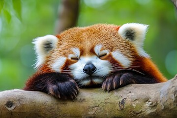 Obraz premium Sleeping Red Panda. Funny cute animal image, ai