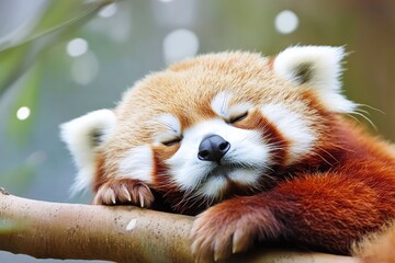 Fototapeta premium Sleeping Red Panda. Funny cute animal image, ai