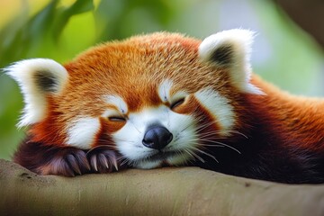 Fototapeta premium Sleeping Red Panda. Funny cute animal image, ai