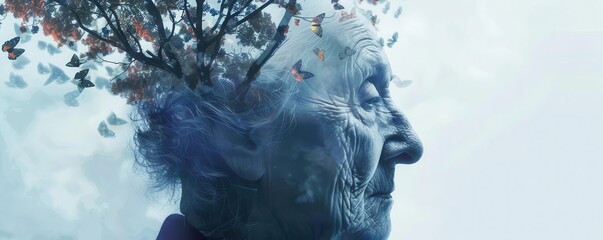 Elderly person with fragmented holographic memories, Alzheimer s struggle, Modern depiction of cognitive challenges