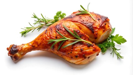 Tasty grilled chicken leg on white background, top view