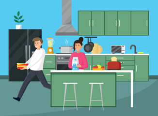 Family couple in the kitchen. Man runs with plates. Vector illustration in flat style.