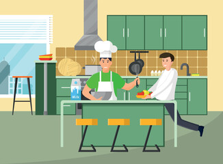 Chef and assistant in the kitchen. Kitchen cooking concept. Flat style vector illustration.