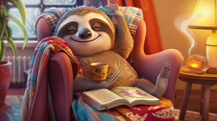 Cozy Sloth Reading a Book by the Fireplace