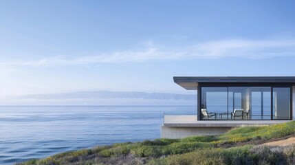 Modern house with large windows overlooking a stunning ocean view at sunset.