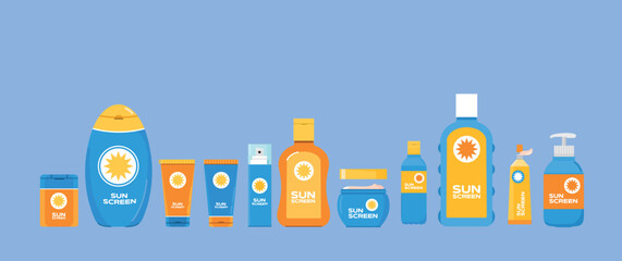 sunscreen bottle icon set. Flat illustration of body protection cream icon. suitable for poster and web design use