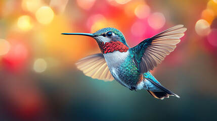 Naklejka premium A vibrant hummingbird in mid-flight, showcasing its iridescent feathers against a soft, colorful bokeh background.