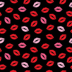 Vibrant lip prints pattern on a dark background, perfect for fashion and romantic designs. Ideal for Valentine’s themes, beauty, and feminine decor