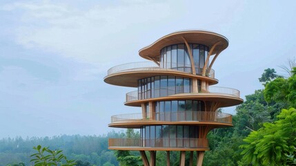 Eco-friendly bamboo architecture in forest setting.