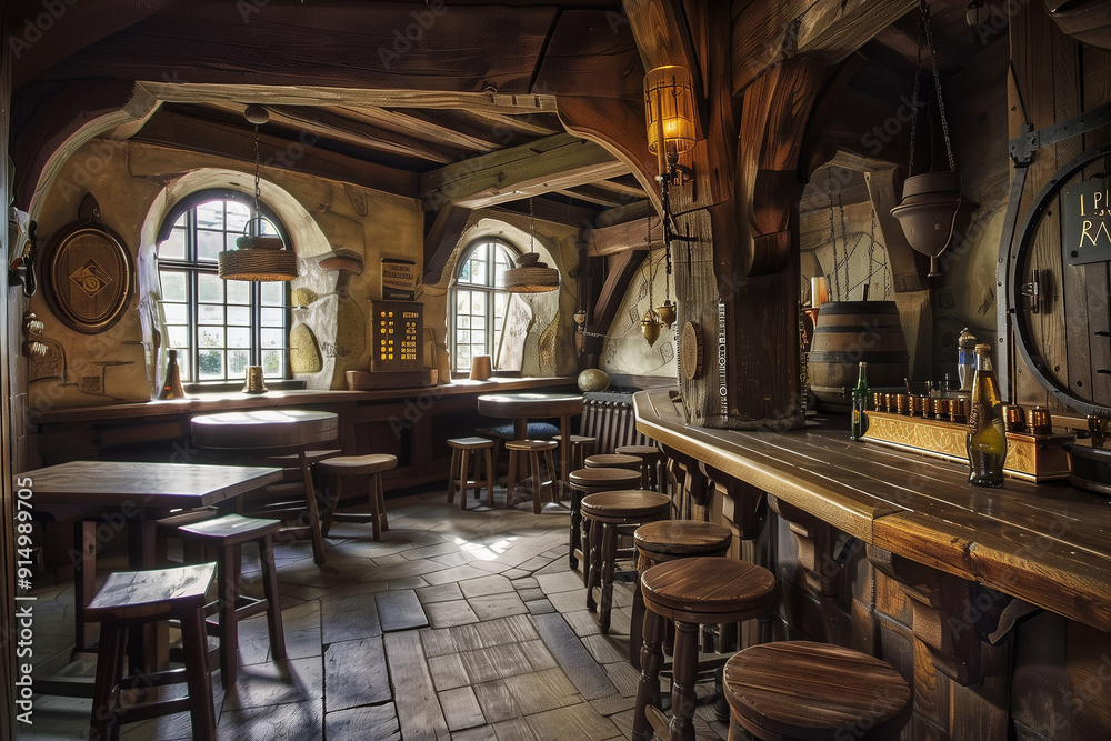 Wall mural medieval empty wooden pub interior. generative ai