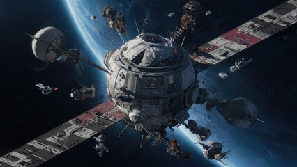 Futuristic 3D illustration of a bustling orbital civilization with active traffic