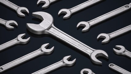 Metal wrench on dark background Tool for repair and maintenance Top view rendering