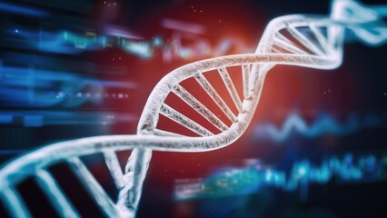 Fototapeta premium Abstract rotating DNA molecule on a futuristic background with blurred data visuals