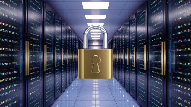 3D Illustration of a Lock Securing Server in a Data Center