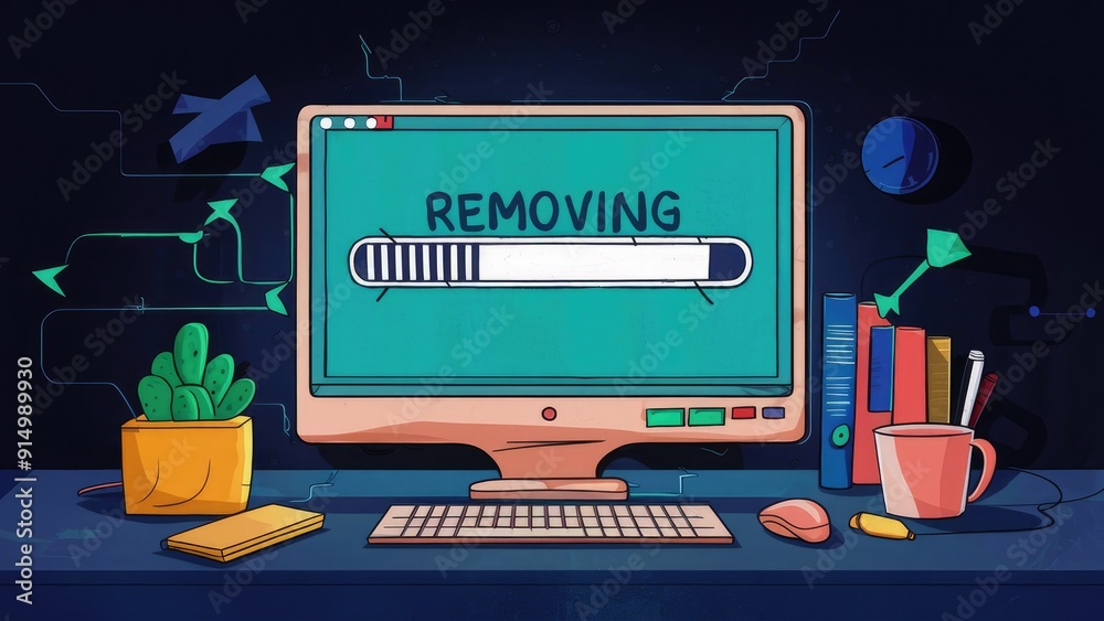 Poster computer monitor displaying a progress bar with the word removing on a dark background