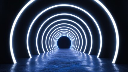 Obraz premium Illuminated blue neon light tunnel in a dark environment creating depth and perspective leading to a luminous focal point
