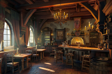 Medieval empty wooden pub interior. Generative AI