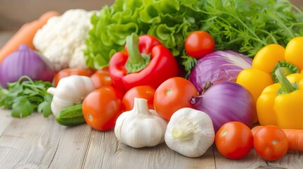 Assortment of fresh vegetables on a wooden surface.