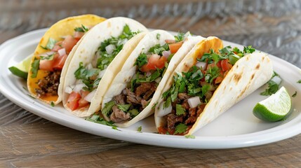 Assortment of delicious tacos with various toppings on a white plate.