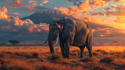 Fototapeta premium Majestic elephant stands in a vibrant savannah landscape at sunset, with a backdrop of a towering mountain and colorful clouds.