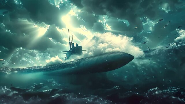 A submarine breaks the surface of the ocean, sunlight filtering through the clouds above.