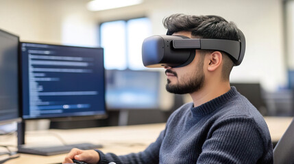 Man wearing augmented reality headset working on computer in office.