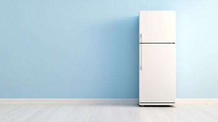 Modern white refrigerator against a blue wall.