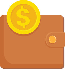 Brown wallet with gold dollar coin. Vector illustration in flat style