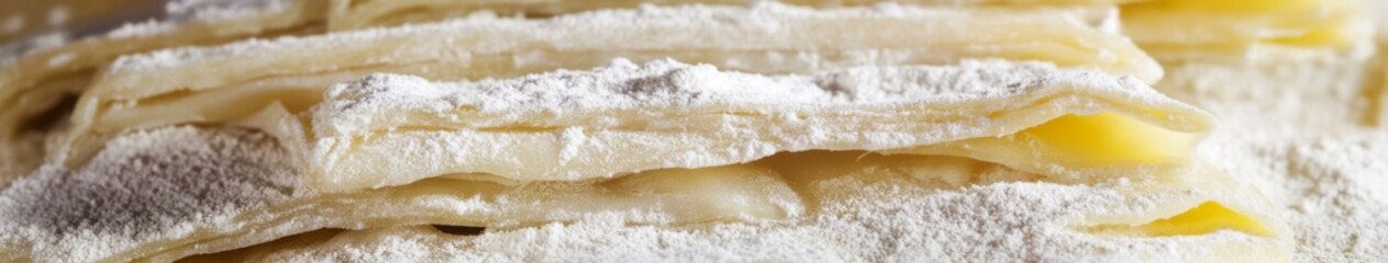 Obraz premium Uncooked Lasagna Close-up: A Flour-Dusted Showcase of Texture and Culinary Potential, Highlighting the Simple Ingredients of Traditional Italian Cuisine.