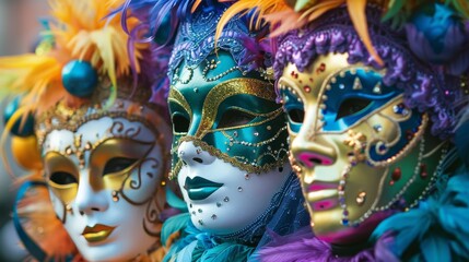 Ornate Carnival Masks Adorned with Feathers and Glitter in a Festive Parade