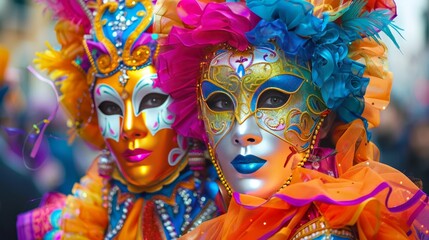 Extravagant Carnival Masks in Bright, Colorful Costumes at Festive Parade