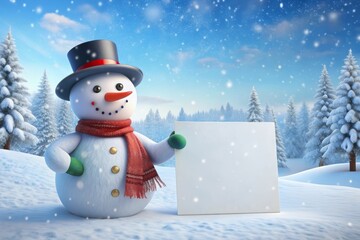 Snowman Holding Blank Sign in Winter Wonderland. Winter holiday christmas background banner