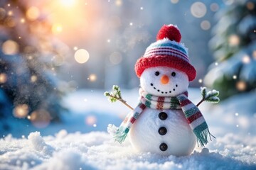 Fototapeta premium Happy Snowman in a Winter Wonderland. Winter holiday christmas background banner