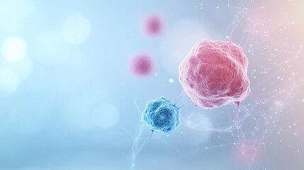 Abstract microscopic image of cells with blue and pink colors.