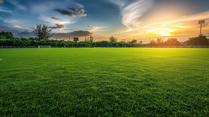 Dramatic dusk scene  wide angle view of soccer field with lush green turf, perfect for text overlay
