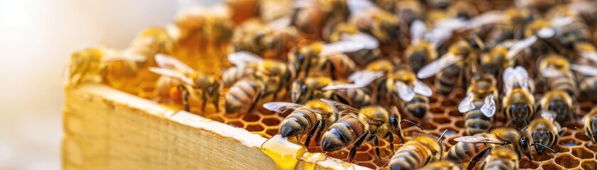 bees on honeycomb, showcasing their intricate details and vibrant colors in a natural hive environment.