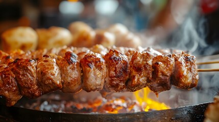 Turkish kebabs cooked on the grill, skewered with iron, with smoke rising. The meat is tender and...