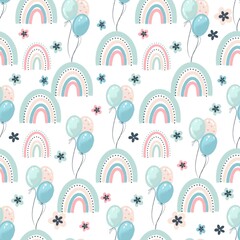 Seamless pattern with cute rainbows and balloons in soft pastel colors.