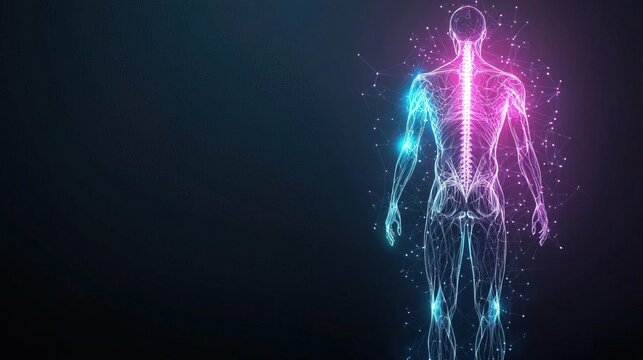 Abstract neon human figure, glowing skeleton and muscles, blue and pink light, dark background.