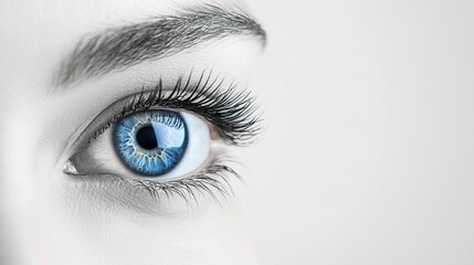 Close-up of a woman's blue eye with long eyelashes.