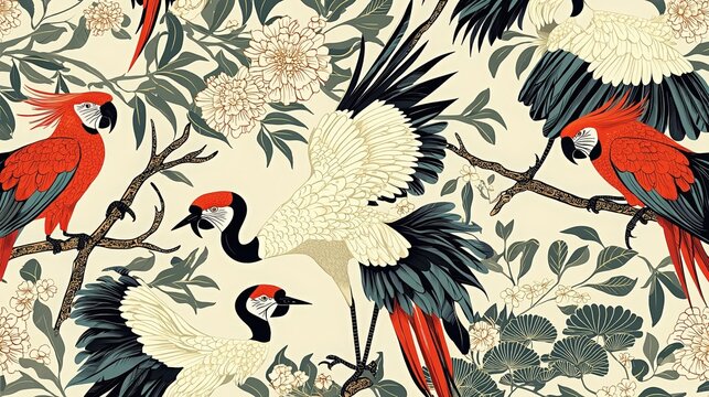 A vibrant tropical pattern featuring cranes and red parrots surrounded by lush foliage, ideal for nature-themed designs.