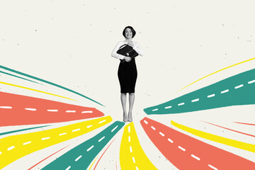 Creative trend collage of funny female worker businesswoman career path opportunities excited bizarre unusual fantasy billboard