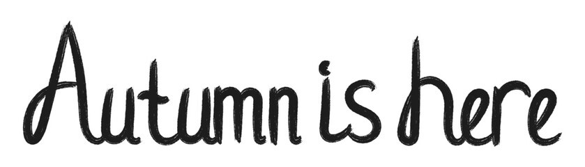 Hand drawn lettering Autumn is here. Decorative vector lettering in flat style for autumn, home design, stickers, posters, print. Handwritten phrase in black color. Isolated on white background.