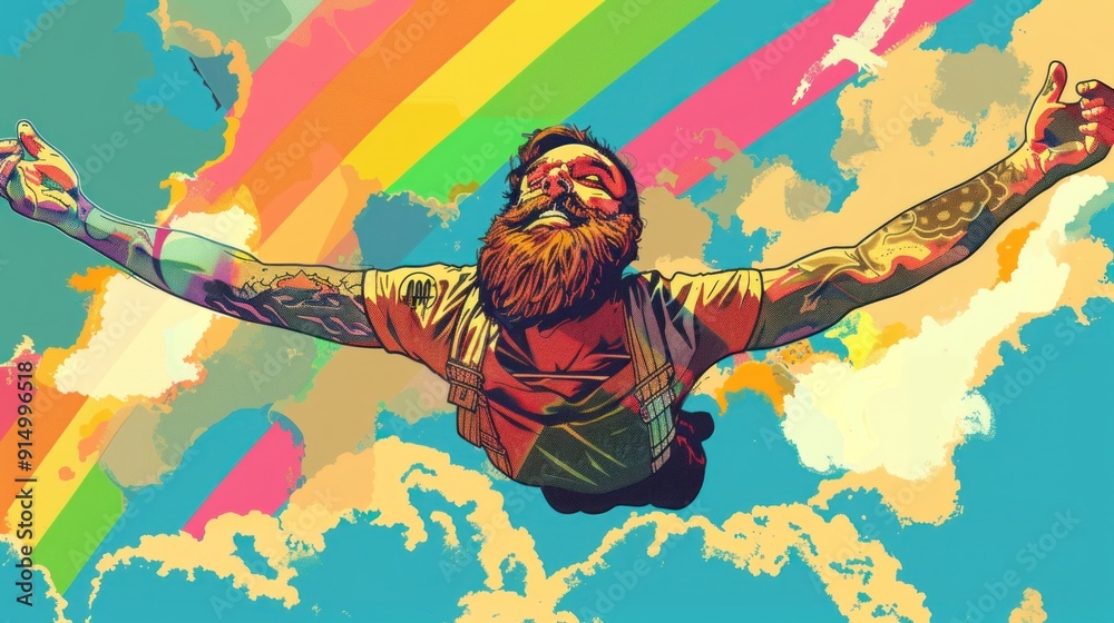 Wall mural Man with beard and tattoos flying in the sky with rainbow.