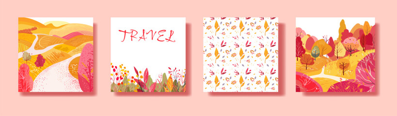 Set square poster with places for travel Hand drawn. Autumn forest, fields on the hills. Seamless pattern for textiles or wrapping paper. Postcard or wallpapers. Vector