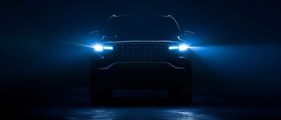 A dark blue SUV vehicle with headlights on is illuminated against the background of darkness captures the sleek lines and design details of the automobile