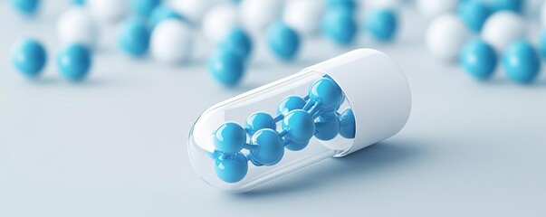 Anti-aging capsule with molecular structure, rejuvenation concept, 3D illustration