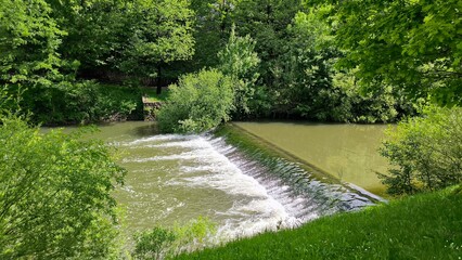 landscape by the Pivka river in spring in Postojna village, Slovenia