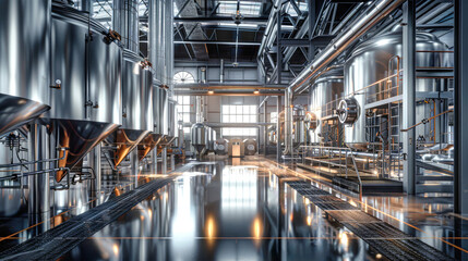Fototapeta premium State-of-the-art brewing equipment reflects the bustling activity of beer production in a gleaming industrial setting, showcasing meticulous craftsmanship